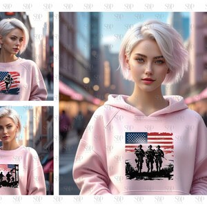 May include: Three images of a woman wearing a pink hoodie with a graphic of a distressed American flag and soldiers on it. The woman has short, blonde hair and is standing in an urban setting.