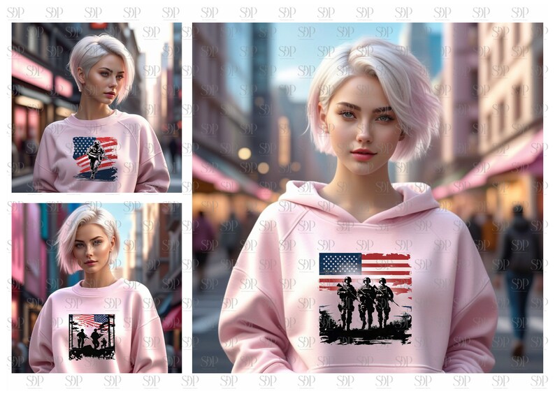 May include: Three images of a woman wearing a pink hoodie with a graphic of a distressed American flag and soldiers on it. The woman has short, blonde hair and is standing in an urban setting.