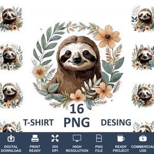 16 Sloth Png Bundle,High Quality Png,Transparent Png,Sloth Clipart, Sloth Print, Sloth Png for Shirts,Sloth Sublimation,Commercial Use