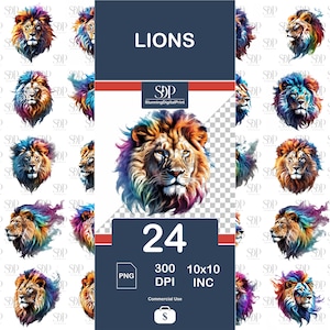 24 Lion Png Bundle, Lion PNG Sublimation,Watercolor Lion ,Lion Clipart,Transparent Png,Lion Sublimation PNG,Lion Portrait PNG,Commercial Use