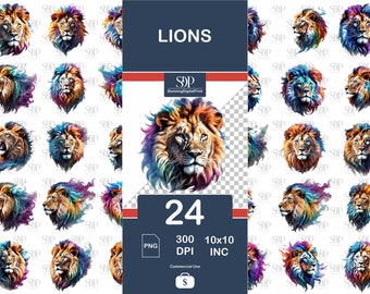 24 Watercolor Lion Clipart PNG Bundle, Commercial Use (Digital Download)
