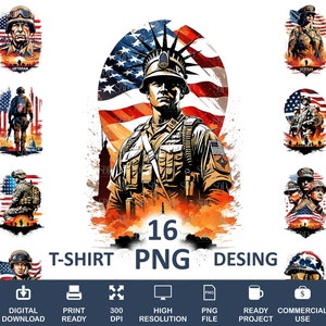 Könnte beinhalten: Set mit 16 digitalen Designs mit amerikanischer Flagge und militärischen Illustrationen.  Die Designs sind perfekt für den T-Shirt-Druck, die Sublimation und andere kreative Projekte.  Digitaler Download, druckfertig, 300 DPI, hohe Auflösung, PNG-Datei, fertiges Projekt, kommerzielle Nutzung.