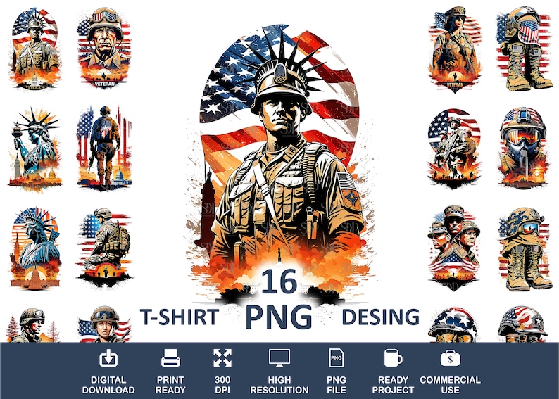 Op de afbeelding: Set van 16 digitale ontwerpen met Amerikaanse vlag en militaire illustraties.  De ontwerpen zijn perfect voor het bedrukken van T-shirts, sublimatie en andere creatieve projecten.  Digitaal downloaden, printklaar, 300 DPI, hoge resolutie, PNG-bestand, klaar project, commercieel gebruik.