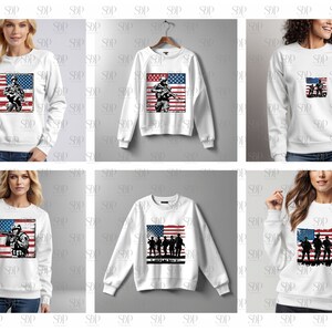 May include: Three white sweatshirts with different American flag and soldier graphic designs. The designs feature a soldier holding a rifle, a soldier standing in front of an American flag, and a group of soldiers standing in front of an American flag.