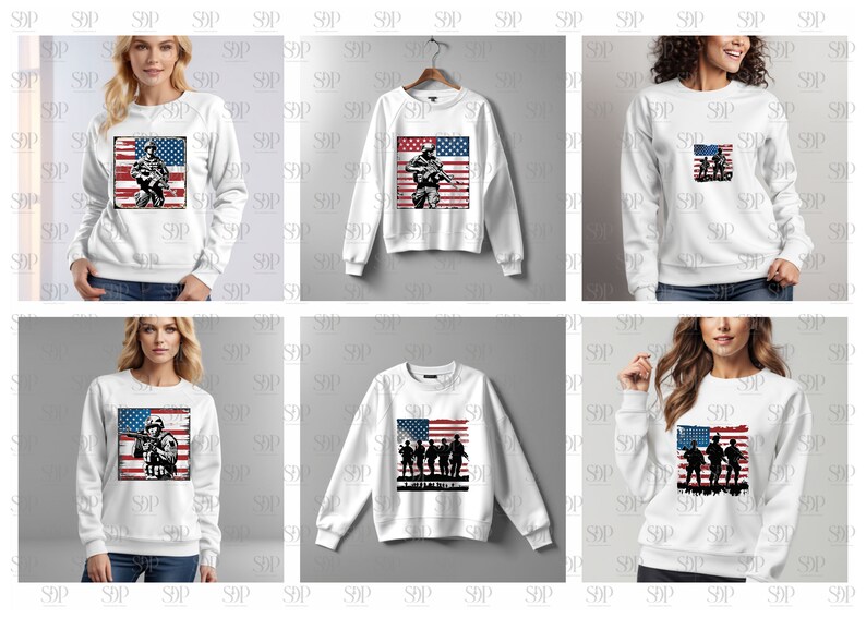 May include: Three white sweatshirts with different American flag and soldier graphic designs. The designs feature a soldier holding a rifle, a soldier standing in front of an American flag, and a group of soldiers standing in front of an American flag.