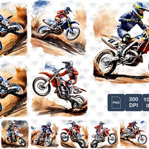 May include: A digital illustration of ten watercolor paintings of motocross riders on dirt bikes. The riders are wearing colorful racing gear and helmets. The bikes are red, yellow, and blue. The backgrounds are watercolor washes of brown, blue, and white.