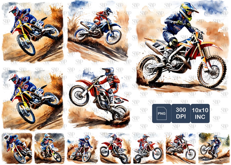 May include: A digital illustration of ten watercolor paintings of motocross riders on dirt bikes. The riders are wearing colorful racing gear and helmets. The bikes are red, yellow, and blue. The backgrounds are watercolor washes of brown, blue, and white.