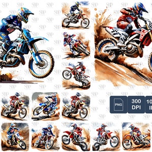 May include: A digital illustration of 12 motocross riders in various poses, riding dirt bikes on a dirt track. The riders are wearing colorful racing gear and helmets. The illustration is in a watercolor style with splashes of brown, blue, and yellow.