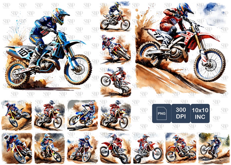 May include: A digital illustration of 12 motocross riders in various poses, riding dirt bikes on a dirt track. The riders are wearing colorful racing gear and helmets. The illustration is in a watercolor style with splashes of brown, blue, and yellow.