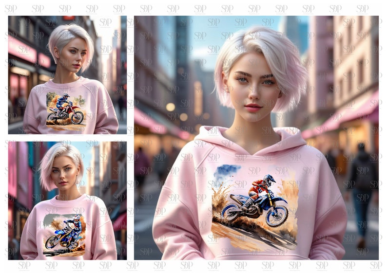 May include: A pink hoodie with a graphic print of a person riding a dirt bike. The print is in watercolor style and features a blue sky and brown dirt.