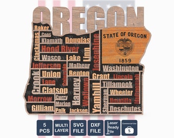 Mapa miast Oregonu SVG DXF: wielowarstwowy plik cięty laserowo