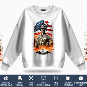 Op de afbeelding: Een wit sweatshirt met een grafische print van een soldaat die voor het Vrijheidsbeeld en de Amerikaanse vlag staat. De soldaat draagt een helm en een camouflageuniform. De tekst "Veteran" is onder de grafische print gedrukt.
