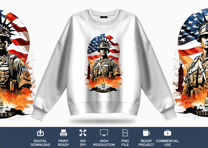 Op de afbeelding: Een wit sweatshirt met een grafische print van een soldaat die voor het Vrijheidsbeeld en de Amerikaanse vlag staat. De soldaat draagt een helm en een camouflageuniform. De tekst "Veteran" is onder de grafische print gedrukt.