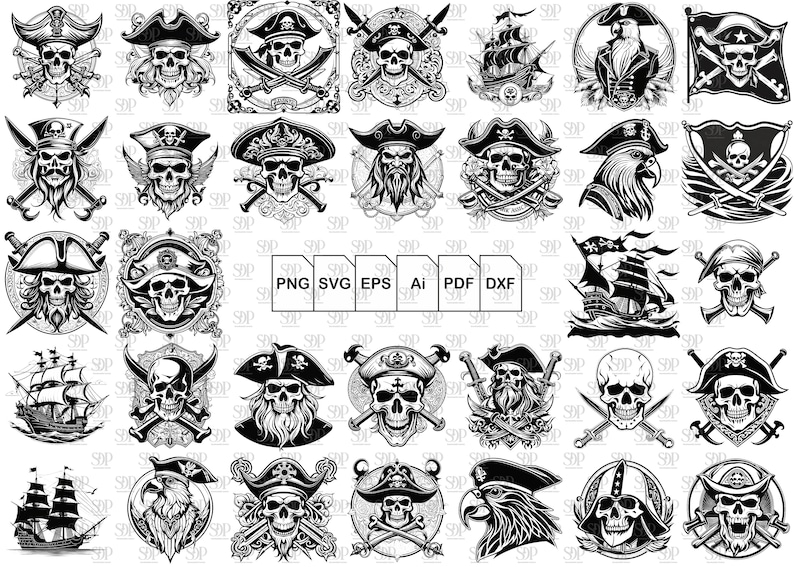 Peut inclure: Un ensemble de 36 illustrations num&eacute;riques en noir et blanc de cr&acirc;nes de pirates, de navires et d'autres images sur le th&egrave;me des pirates. Les illustrations sont dans une vari&eacute;t&eacute; de styles, y compris le dessin anim&eacute;, le r&eacute;aliste et le stylis&eacute;. Les illustrations sont parfaites pour une utilisation dans des projets num&eacute;riques, tels que des sites Web, les m&eacute;dias sociaux et des supports imprim&eacute;s.
