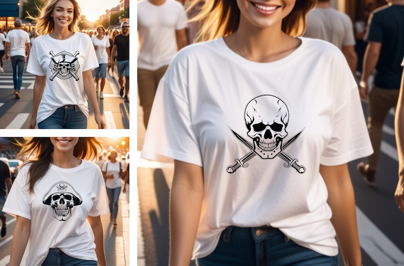 Peut inclure: Deux t-shirts blancs avec un motif de cr&acirc;ne et d'os crois&eacute;s noirs. Un t-shirt pr&eacute;sente un cr&acirc;ne portant un chapeau de pirate, l'autre pr&eacute;sente un cr&acirc;ne avec des &eacute;p&eacute;es crois&eacute;es.