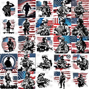 May include: A digital collage of 36 images featuring soldiers in military uniforms standing in front of American flags. The images are arranged in a grid pattern and include text such as "Hero", "Victory", "You are loved", and "Glory".