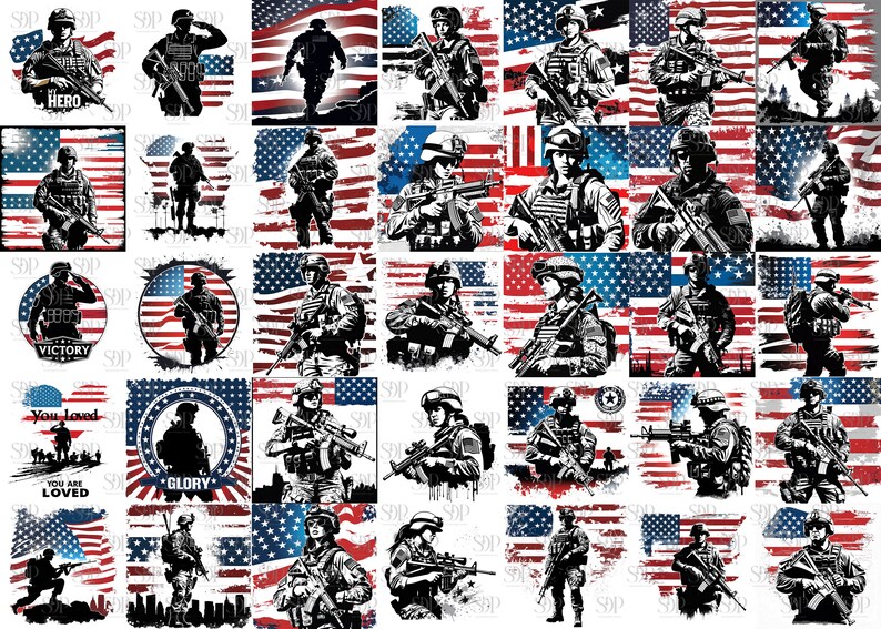 May include: A digital collage of 36 images featuring soldiers in military uniforms standing in front of American flags. The images are arranged in a grid pattern and include text such as "Hero", "Victory", "You are loved", and "Glory".