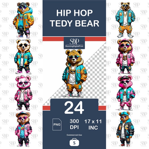 24 Hip Hop Teddy Bear, Png Bundle,Teddy Bear High Quality Png,Teddy Bear Transparent Png,Colorful png, Teddy Bear Sublimation,Commercial Use