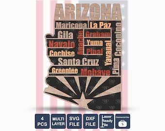 Arizona Cities Map: 4-Layer SVG DXF Laser Cut File