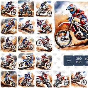 May include: A digital paper pack of 20 watercolor illustrations of motocross riders. The riders are in various poses and are riding on dirt tracks. The illustrations are in a variety of colors, including brown, orange, red, blue, and green.