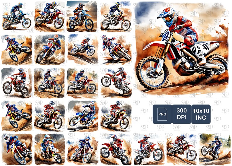 May include: A digital paper pack of 20 watercolor illustrations of motocross riders. The riders are in various poses and are riding on dirt tracks. The illustrations are in a variety of colors, including brown, orange, red, blue, and green.