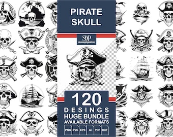 120 Pirate crâne SVG BUNDLE, Pirate Svg, Pirate coupe fichiers, Pirate Silhouette, Pirate Clipart, Pirate carte Svg, Pirate crâne Svg, os croisés Svg