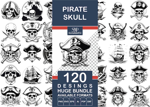 120 Pirate Skull SVG Bundle: Cut Files, Clipart (Digital Download)