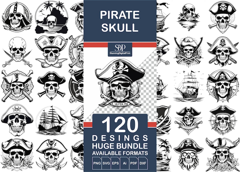 Peut inclure: Un ensemble de 120 motifs de cr&acirc;nes de pirates en noir et blanc. Les motifs comprennent des cr&acirc;nes avec des &eacute;p&eacute;es crois&eacute;es, des chapeaux de pirates, des navires et des palmiers. Le texte "PIRATE SKULL" et "120 DESINGS HUGE BUNDLE" est affich&eacute; sur l'image. Le texte "AVAILABLE FORMATS PNG SVG EPS Ai PDF DXF" est &eacute;galement affich&eacute;.