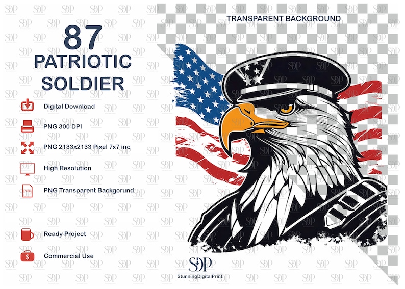 May include: A digital illustration of a bald eagle wearing a military hat with an American flag in the background. The eagle is facing the right side of the image. The text "87 PATRIOTIC SOLDIER" is in the upper left corner of the image.