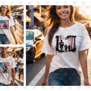 May include: Three people wearing white t-shirts with different patriotic designs. The designs feature American flags and soldiers. The people are walking down a city street.