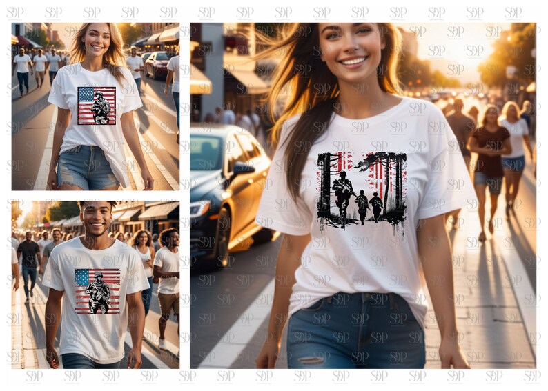 May include: Three people wearing white t-shirts with different patriotic designs. The designs feature American flags and soldiers. The people are walking down a city street.