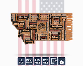 Montana Cities Map: Multi-Layered Vector Cut File (SVG, DXF)