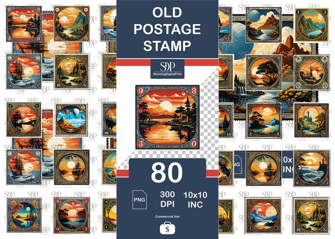 80 Vintage Postage Stamp PNG Bundle: Old Stamps Clipart (commercial Use ...
