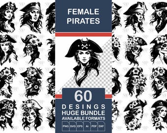 Female Pirates SVG Bundle, 60 Designs, Clipart Cut Files (Digital Download)