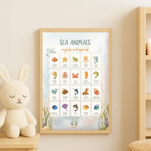 Bilingual Sea Animals Learning Poster: English & Spanish (Digital Download)