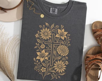 Floral Cross T | Christian Faith Tee, Botanical Flower Cross , Religious Nature Top, Spiritual Gift for Her | Shirt