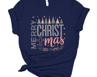 Merry Christmas Tree Shirt, Cross Holiday Tee, Festive Xmas Gift, Christian Christmas Apparel, Winter Celebration Top