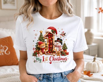 My 1st Christmas T-Shirt, Baby's First Holiday Tee, Festive Gingerbread Number One Shirt, Cute Bear Snowman Design Shirt
