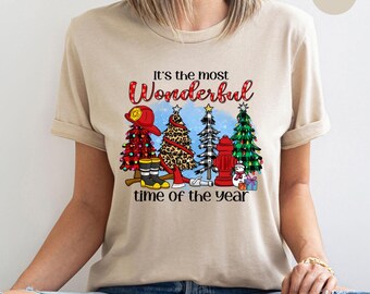 Wonderful Firefighter Christmas T-Shirt, Plaid Fireman Holiday Tee, Leopard Christmas Tree Firefighter Gift