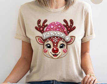 Sparkly Reindeer Christmas T-Shirt, Gemstone Rudolph Holiday Tee, Bling Red Nose Reindeer Top, Festive X-Mas Apparel