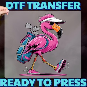 Funny Golf Flamingo DTF Transfer Ready To Press Summer Cartoon T-Shirt, Cute Tropical Whimsical Animal Iron-On Design
