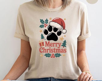 Merry Christmas Paw Print T-Shirt, Santa Hat & Holly Jolly Christmas Pet Lover Tee, Holiday Gift Shirt