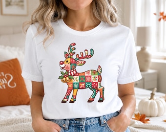 Patchwork Reindeer Christmas T-Shirt, Festive Holiday Apparel, Cute Winter Reindeer Tee for Family Matching