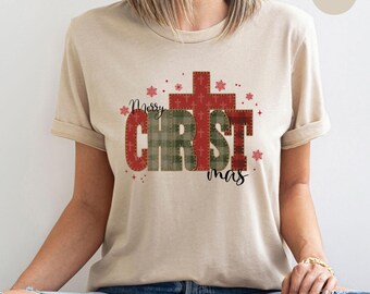 Merry CHRIST Plaid Cross T-Shirt, Christian Christmas Tee, Religious Holiday Shirt, Faith Xmas Top, Buffalo Plaid Christmas Gift