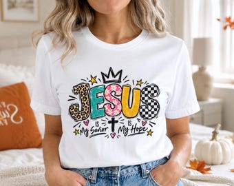 Jesus My Savior My King T-Shirt, Christian Faith Shirt, Religious Graphic Tee, Bible Verse Top, Leopard Print Floral Pattern