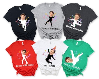 Camiseta de cumpleaños con figuras de palitos con cara personalizada, camiseta con foto de cumpleaños, camiseta con foto personalizada, camiseta grupal para fiesta de cumpleaños, camiseta divertida de cumpleaños