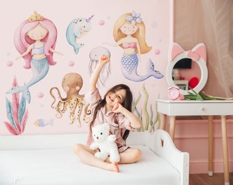 Mermaid Kids Wall Stickers Marine Animals Wall Decal Art Peel and Stick Wall Decal Playroom Decor, Soft Sea Decal, Baby Room Sea Decals