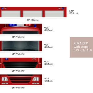 May include: A red fire truck toy with a ladder and a KURA bed with steps. The bed is 38 inches wide and 59 inches long. The steps are 9.25 inches wide. KURA BED with steps (US, CA, AU)