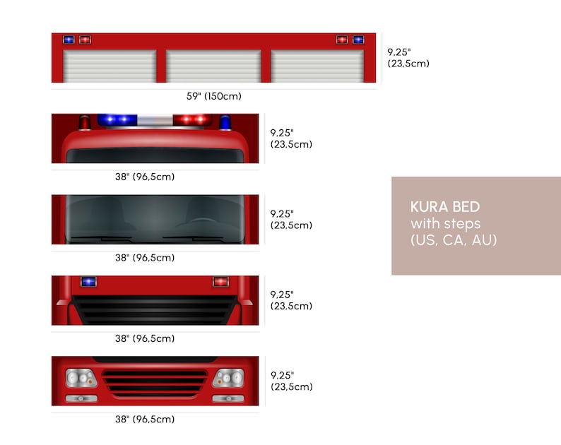 May include: A red fire truck toy with a ladder and a KURA bed with steps. The bed is 38 inches wide and 59 inches long. The steps are 9.25 inches wide. KURA BED with steps (US, CA, AU)