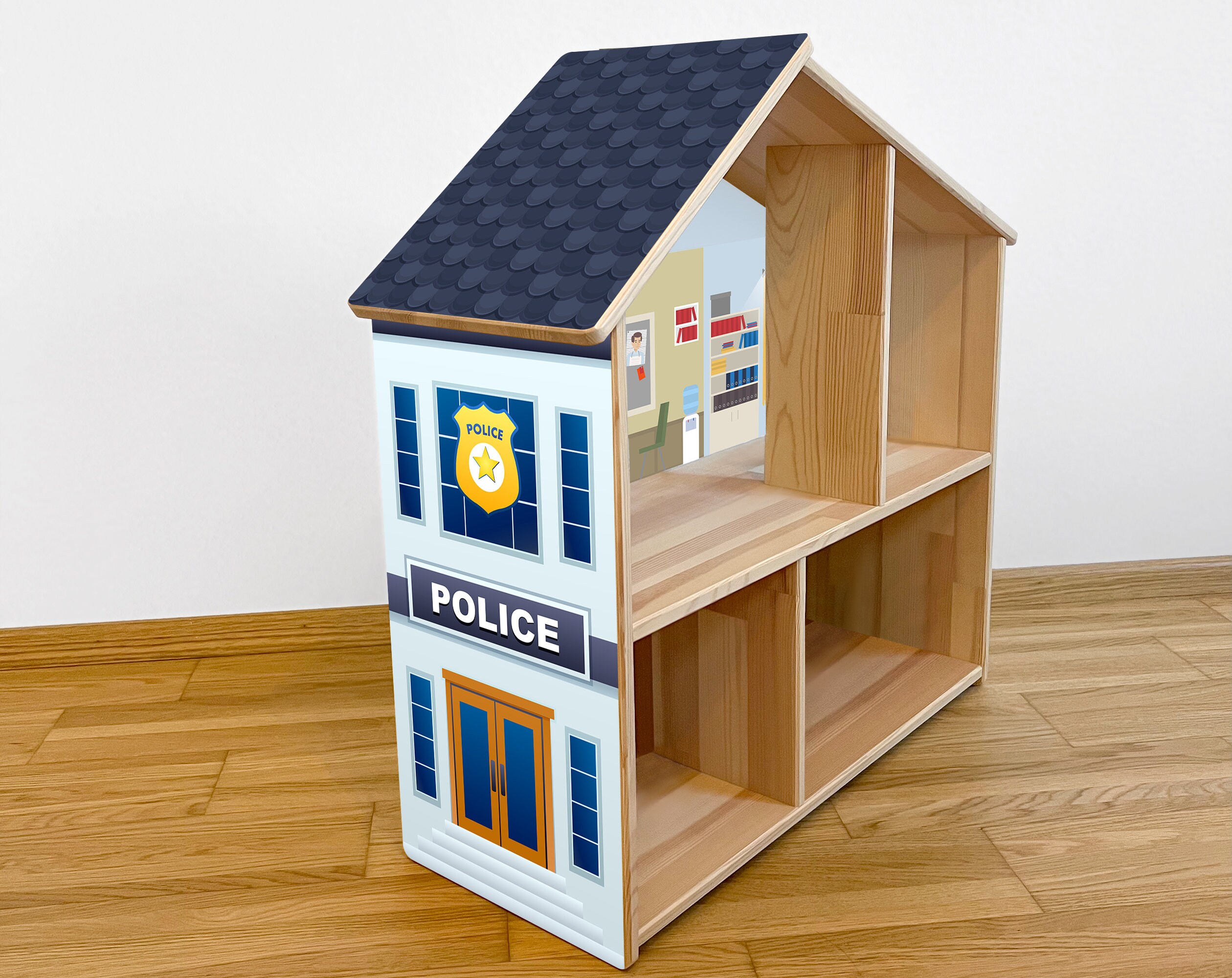 Police Station Stickers Set for IKEA FLISAT Dollhouse - Miniature Policeman Decor, Mini Police Station Sticker Set (dollhouse not included)